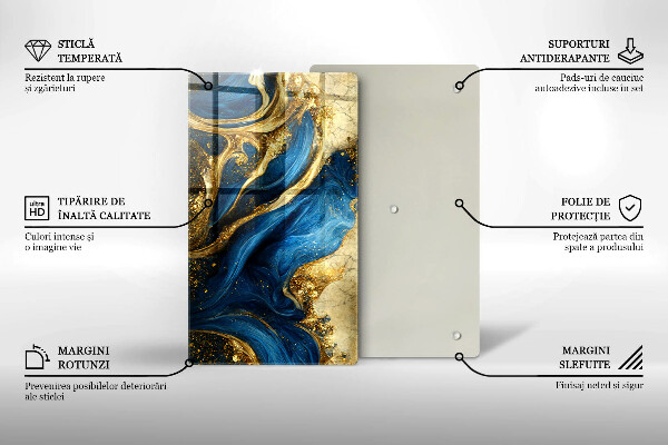 Tocător din sticlă Marmură albastră și aurie