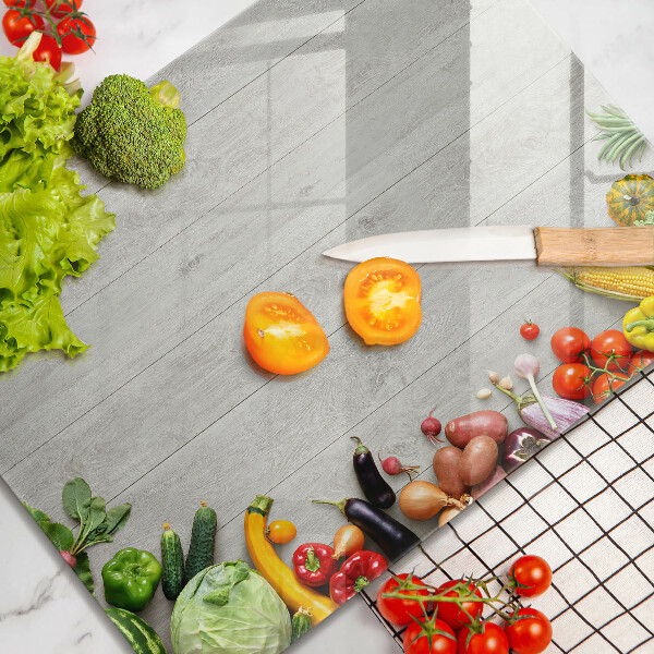 Tocător din sticlă Legume pe scânduri