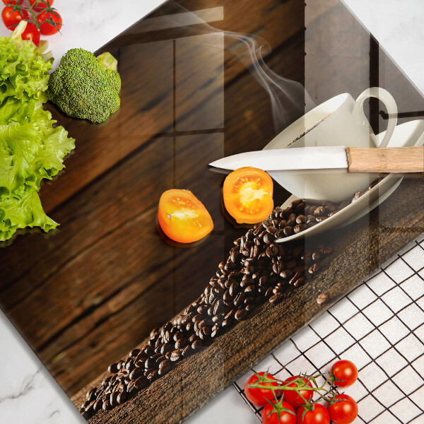 Tocător din sticlă Cana de cafea din lemn