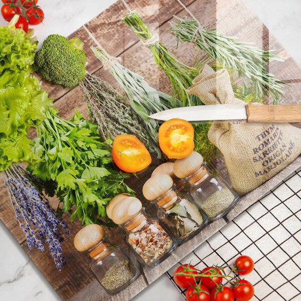 Tocător din sticlă Ierburi condimente și lemn