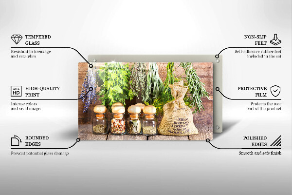 Tocător din sticlă Ierburi condimente și lemn