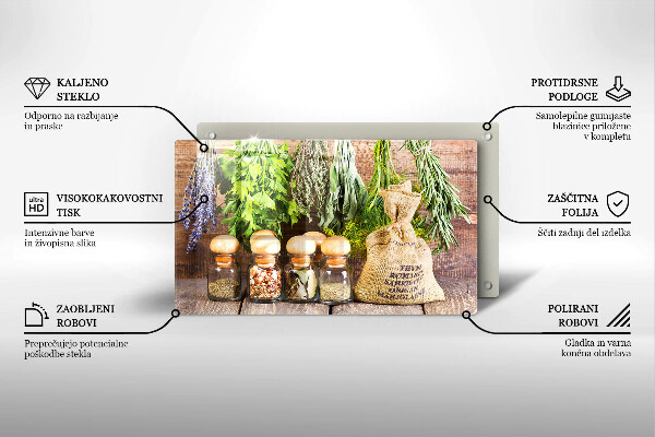 Tocător din sticlă Ierburi condimente și lemn