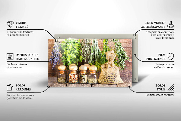 Tocător din sticlă Ierburi condimente și lemn