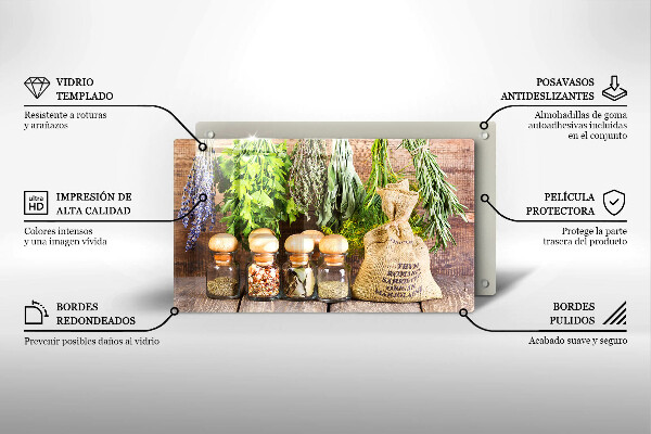 Tocător din sticlă Ierburi condimente și lemn