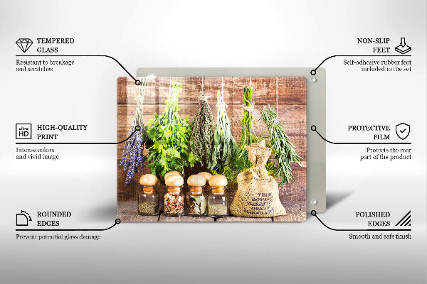 Tocător din sticlă Ierburi condimente și lemn