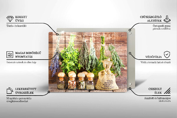 Tocător din sticlă Ierburi condimente și lemn