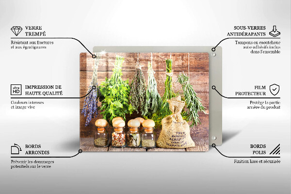 Tocător din sticlă Ierburi condimente și lemn