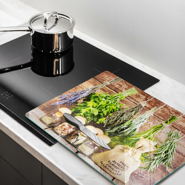 Tocător din sticlă Ierburi condimente și lemn