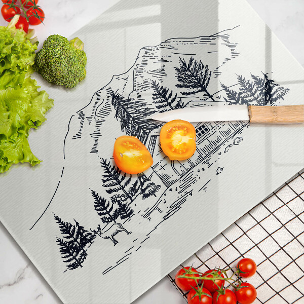 Tocător din sticlă Desen al unei cabane la munte