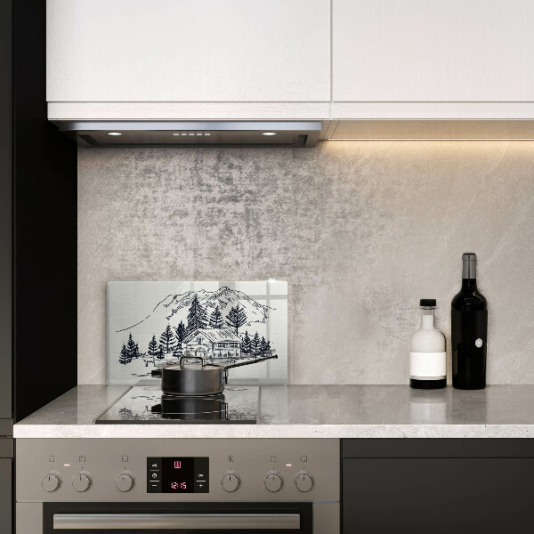 Tocător din sticlă Desen al unei cabane la munte