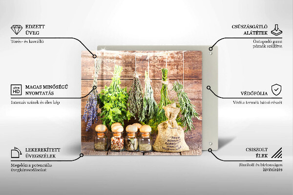 Tocător din sticlă Ierburi condimente și lemn