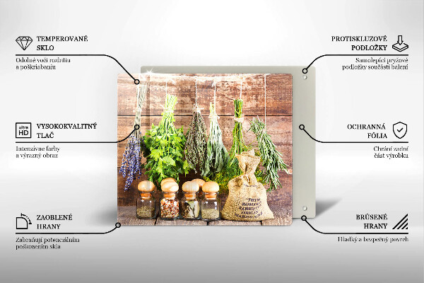 Tocător din sticlă Ierburi condimente și lemn