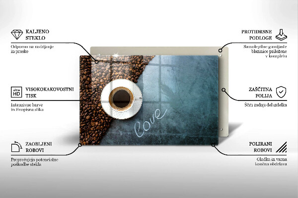 Tocător sticlă Boabe de cafea și ceașcă