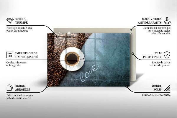 Tocător sticlă Boabe de cafea și ceașcă