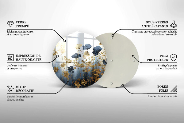 Tocător din sticlă Flori albastre și aurii