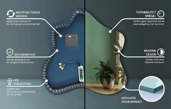 Oglinda asimetrica în formă de pată cu led 48x48 cm