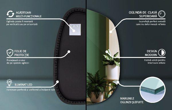 Oglinda asimetrica cu led în formă de pată 68x47 cm