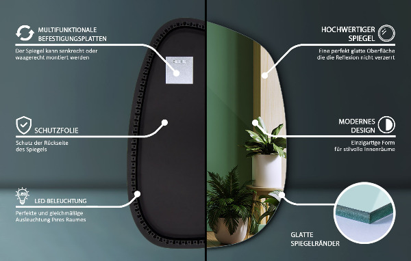 Oglinda asimetrica cu led în formă de pată 91x66 cm