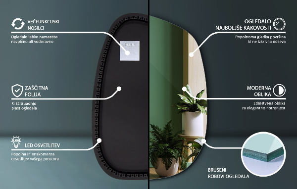 Oglinda asimetrica cu led în formă de pată 91x66 cm