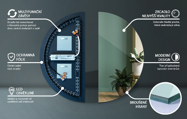 Oglinda semirotunda iluminare 35x70 cm