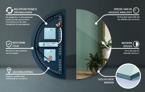 Oglinda semirotunda iluminare led 45x90 cm