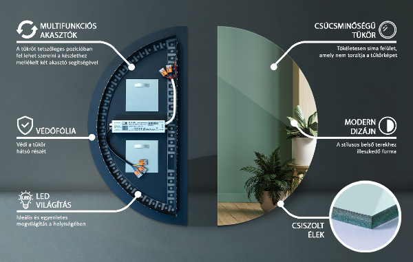 Oglinda semilună fara rama cu led 50x100 cm