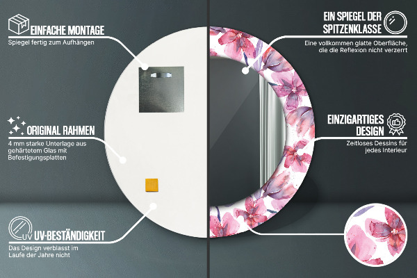 Oglinda rotunda rama cu imprimeu Flori de acuarelă