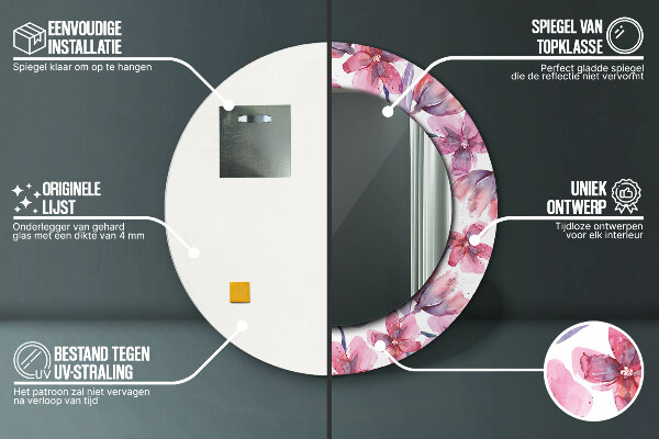 Oglinda rotunda rama cu imprimeu Flori de acuarelă