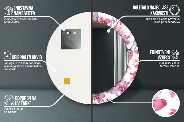 Oglinda rotunda rama cu imprimeu Flori de acuarelă