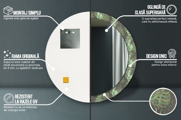 Oglinda rotunda imprimata Frunze tropicale
