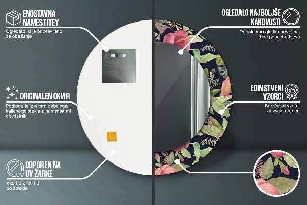 Oglinda rotunda rama cu imprimeu Flori de hibiscus