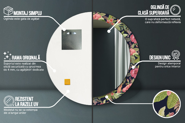 Oglinda rotunda rama cu imprimeu Flori de hibiscus