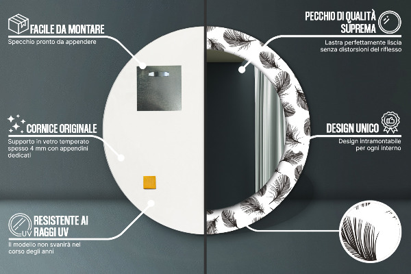 Oglinda rotunda rama cu imprimeu Pene