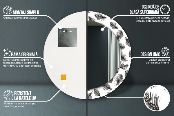 Oglinda rotunda rama cu imprimeu Pene