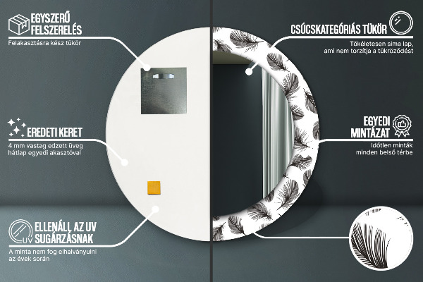 Oglinda rotunda rama cu imprimeu Pene