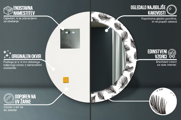 Oglinda rotunda rama cu imprimeu Pene