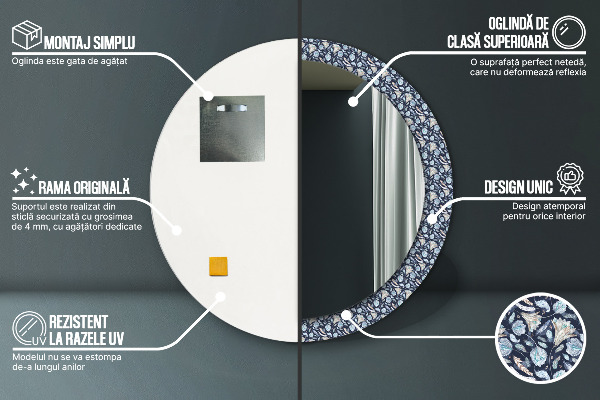 Oglinda rotunda rama cu imprimeu Model boho