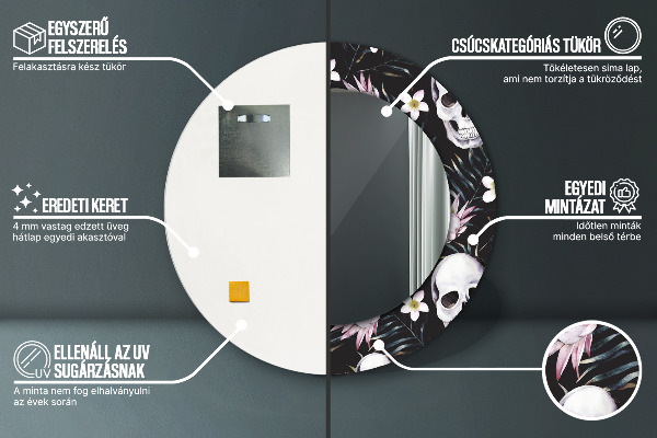 Oglinda rotunda rama cu imprimeu Flori de craniu