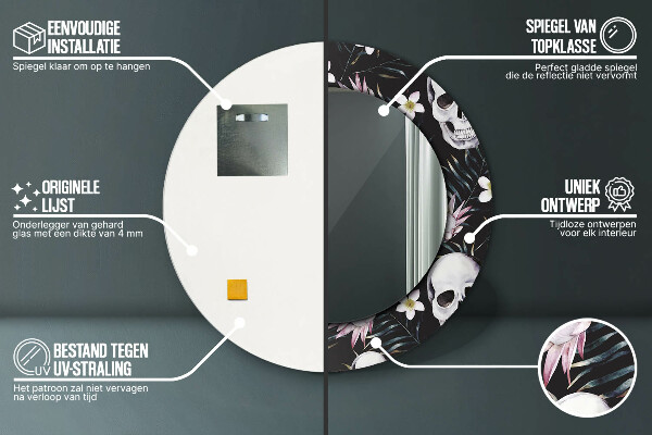 Oglinda rotunda rama cu imprimeu Flori de craniu