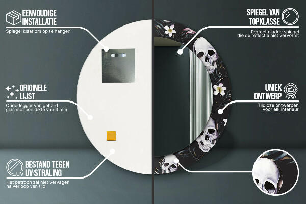 Oglinda rotunda rama cu imprimeu Flori de craniu