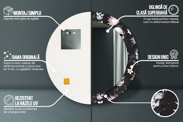 Oglinda rotunda rama cu imprimeu Flori de craniu