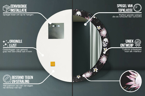 Oglinda rotunda rama cu imprimeu Flori de craniu