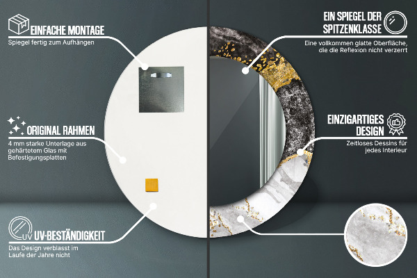 Oglinda rotunda rama cu imprimeu Marmură și aur