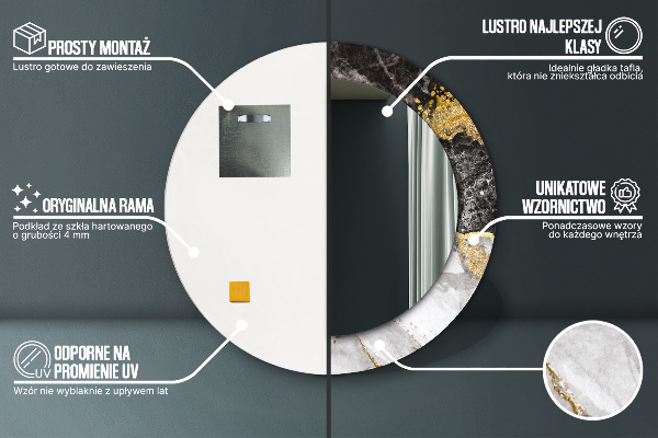 Oglinda rotunda rama cu imprimeu Marmură și aur