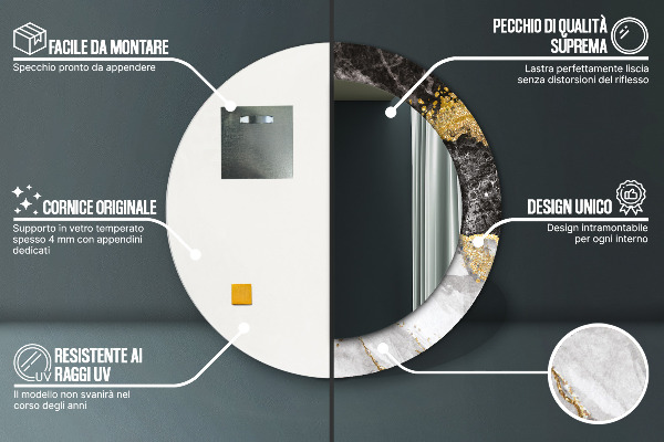 Oglinda rotunda rama cu imprimeu Marmură și aur