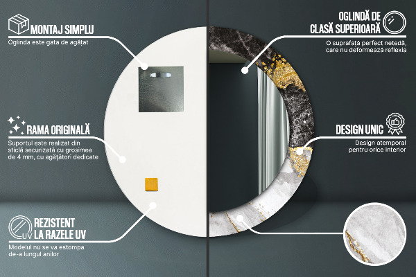 Oglinda rotunda rama cu imprimeu Marmură și aur