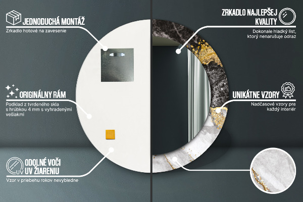 Oglinda rotunda rama cu imprimeu Marmură și aur