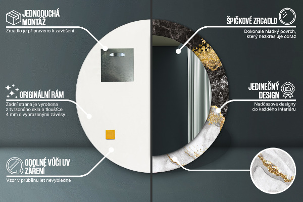 Oglinda rotunda rama cu imprimeu Marmură și aur