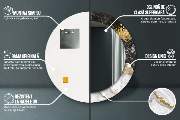 Oglinda rotunda rama cu imprimeu Marmură și aur