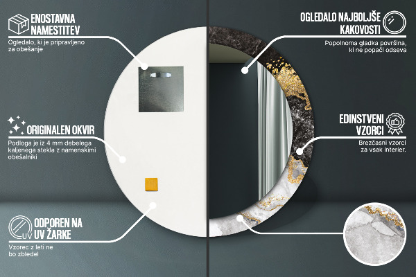 Oglinda rotunda rama cu imprimeu Marmură și aur